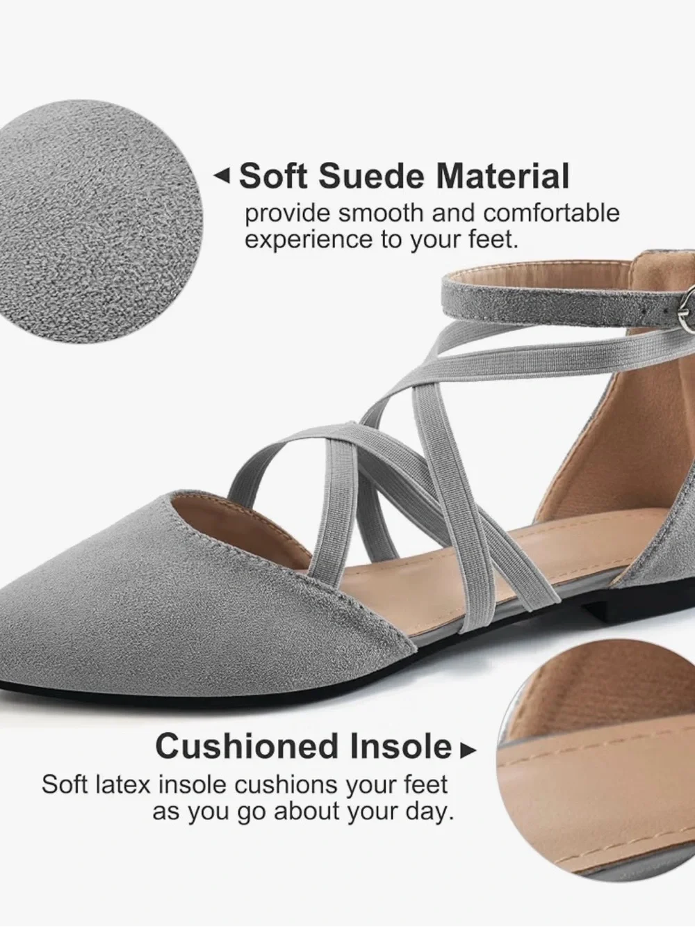 Grey Suede Ankle-Strap Flat Sandals with Adjustable Buckle